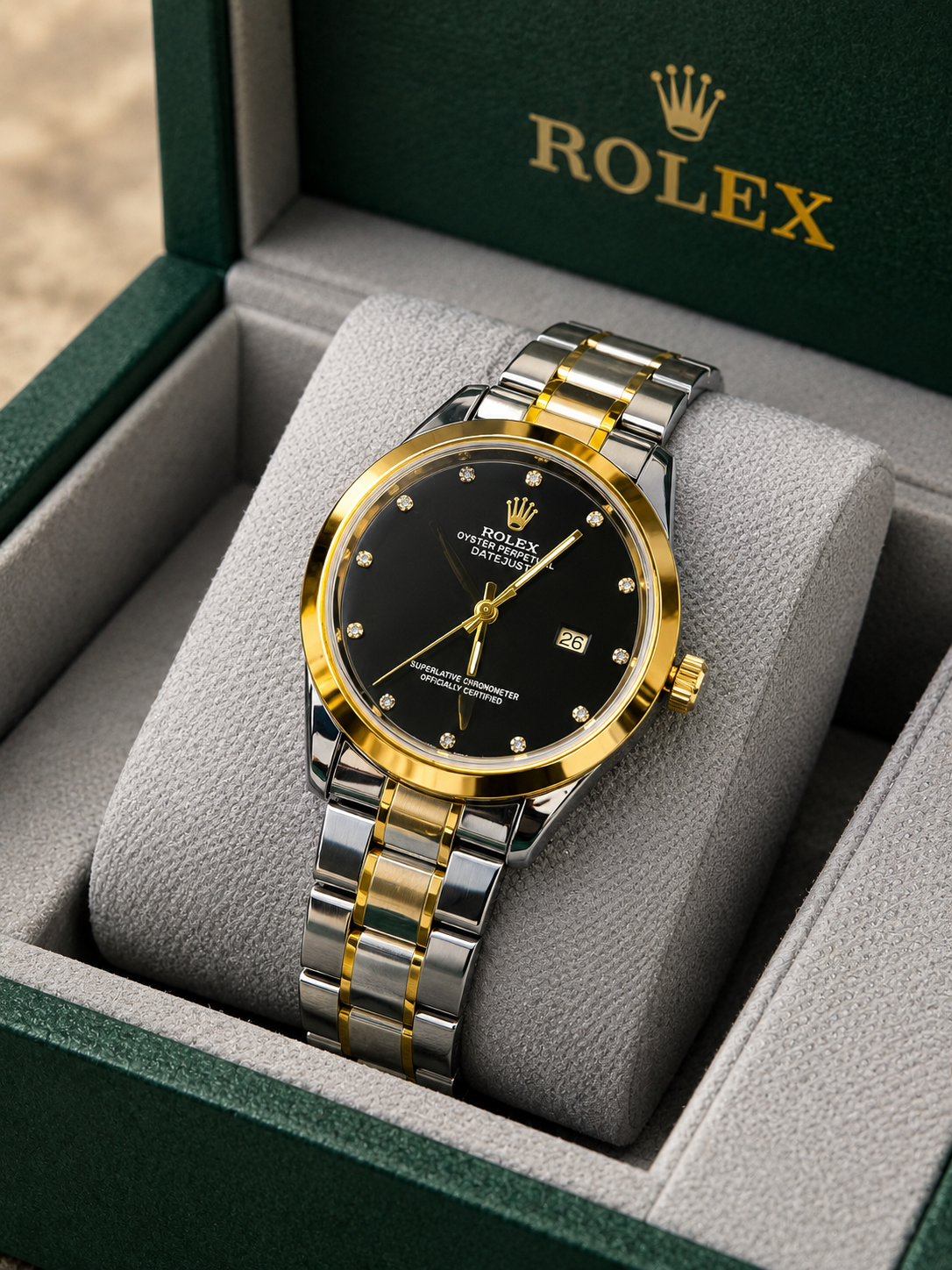 Rolex Day-Date Two-Tone Black Dial Watch-Gold Bezel Silver-Gold Stainless Steel Bracelet