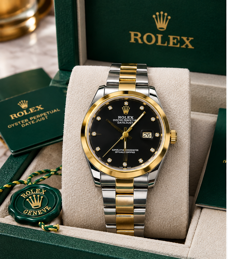 Rolex Day-Date Two-Tone Black Dial Watch-Gold Bezel Silver-Gold Stainless Steel Bracelet