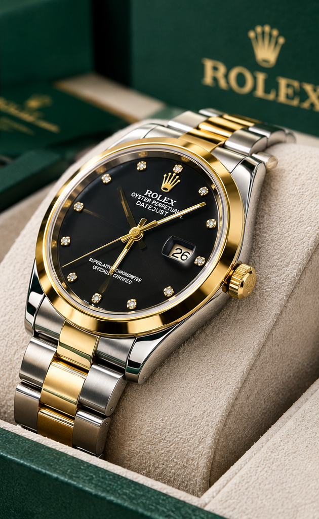 Rolex Day-Date Two-Tone Black Dial Watch-Gold Bezel Silver-Gold Stainless Steel Bracelet