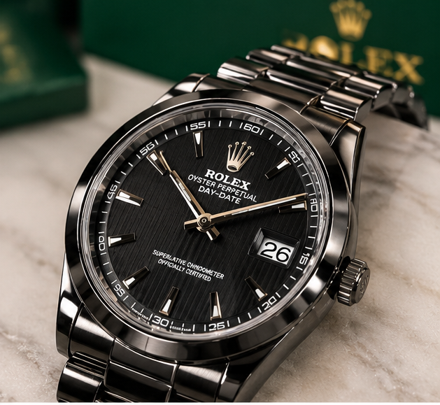 Rolex Day-Date Black Dial Stainless Steel Watch-Green Box Edition