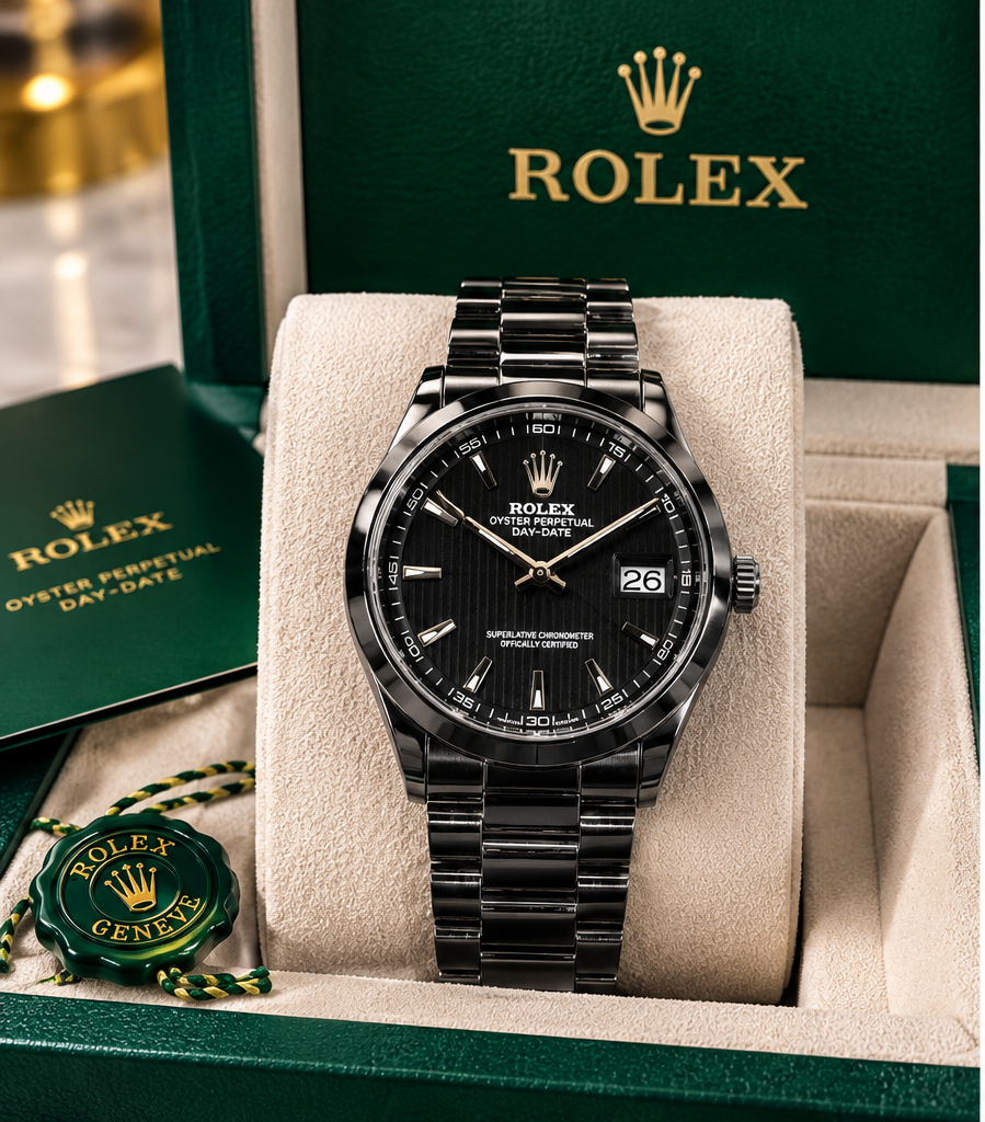 Rolex Day-Date Black Dial Stainless Steel Watch-Green Box Edition